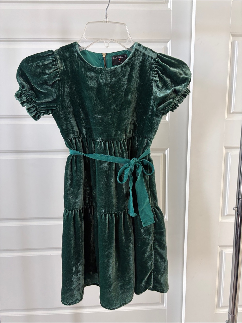 Crewcuts Green Velvet Puff-Sleeve Dress with Tie